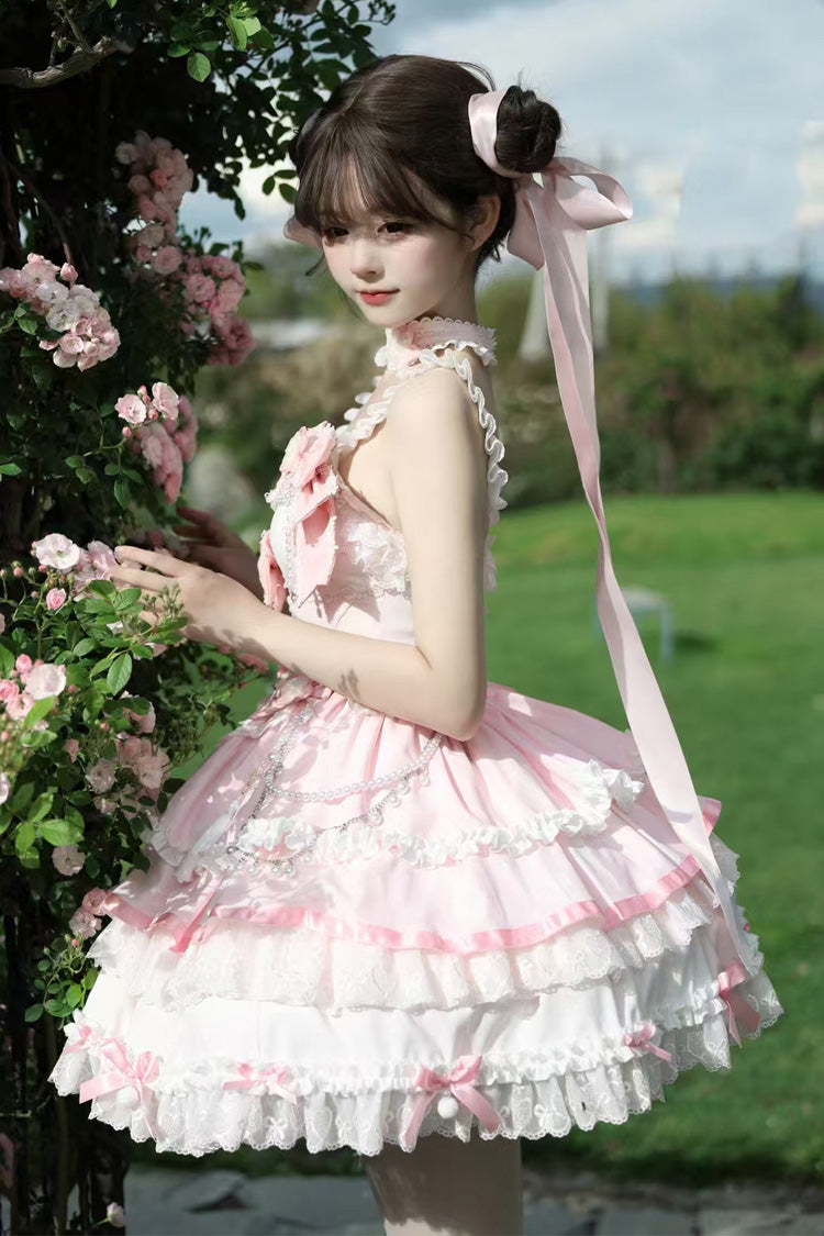 Pink Prelude of Spring Cherry Square Collar Sleeveless Jacquard Lace JSK