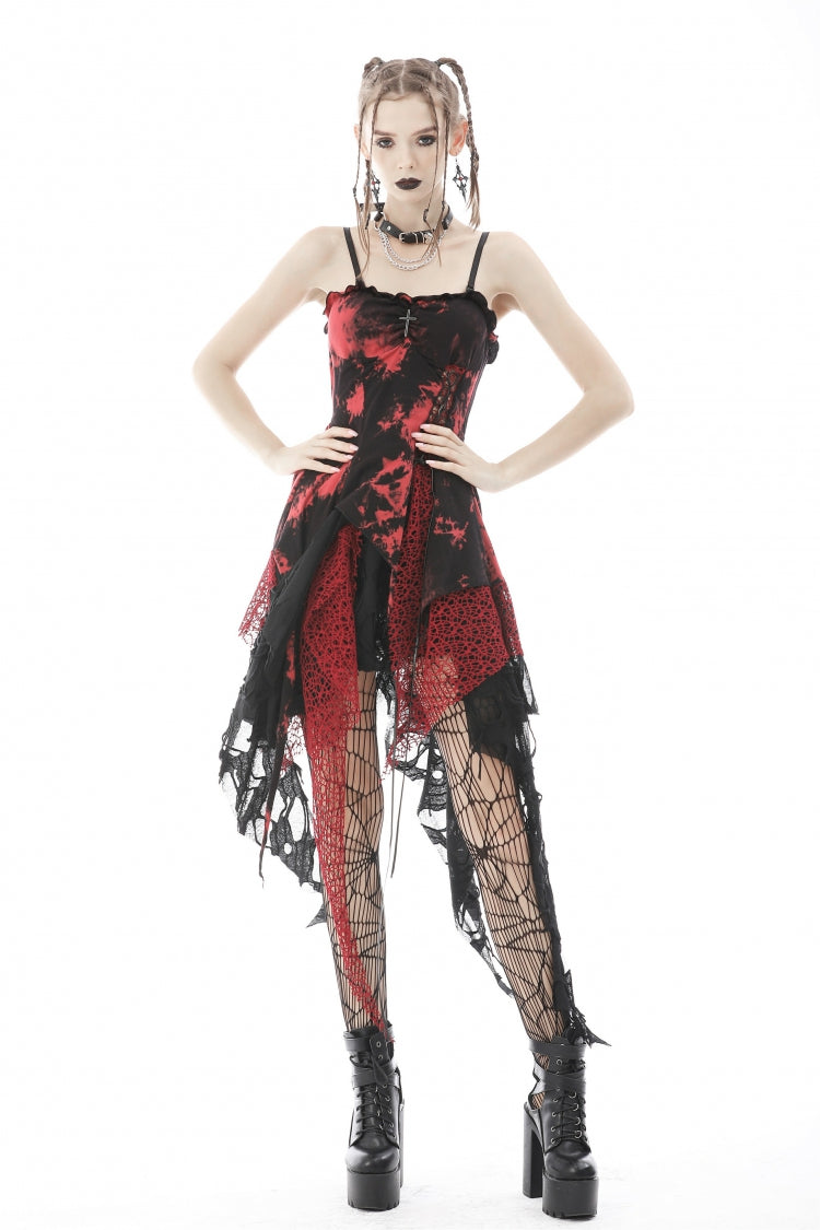 Crimson & Noir Tie-Dye Patchwork Punk Slip Dress with Irregular Hem