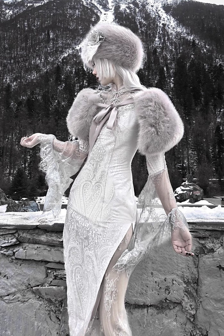 Silver High-Waisted V-Neck Long Sleeve Lace Ruffle Gothic Fishtail Dress - The Call of the Snow Country