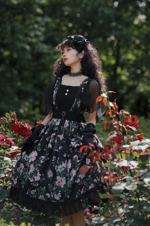 Black French Rose Print Square Collar Ruffled Classic Lolita OP Dress - Altfashion Shop
