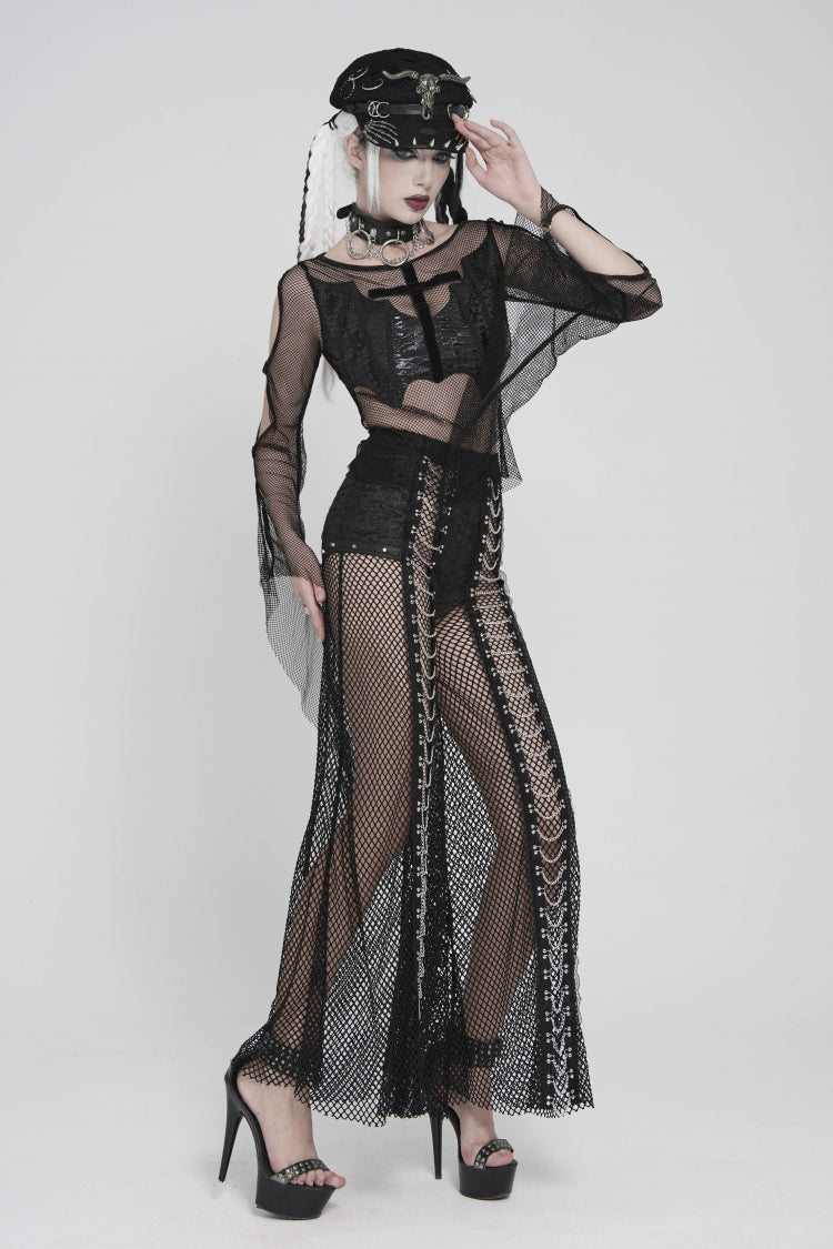 Noir Crewneck Long-Sleeve Sheer Eyelet Punk Bat Cross Mesh Tee for Women