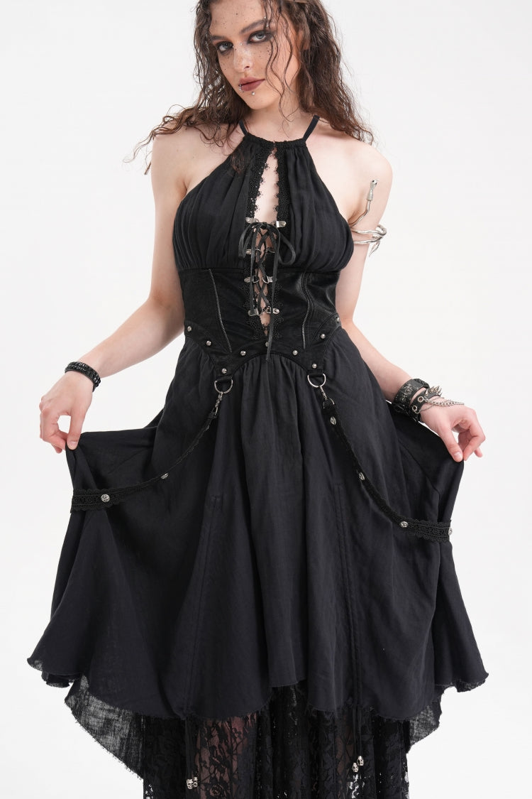 Alluring Black Hollow Lace Halter Gothic Strap Maxi Gown
