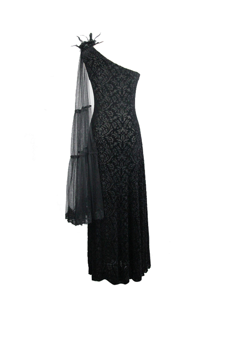 Feather Lace Velvet Gothic Dress with One Shoulder