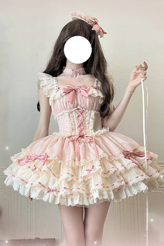 Pink Double-Layered Ruffled Bow Lace-Up Sweet Ballet JSK - Flory Butterfly