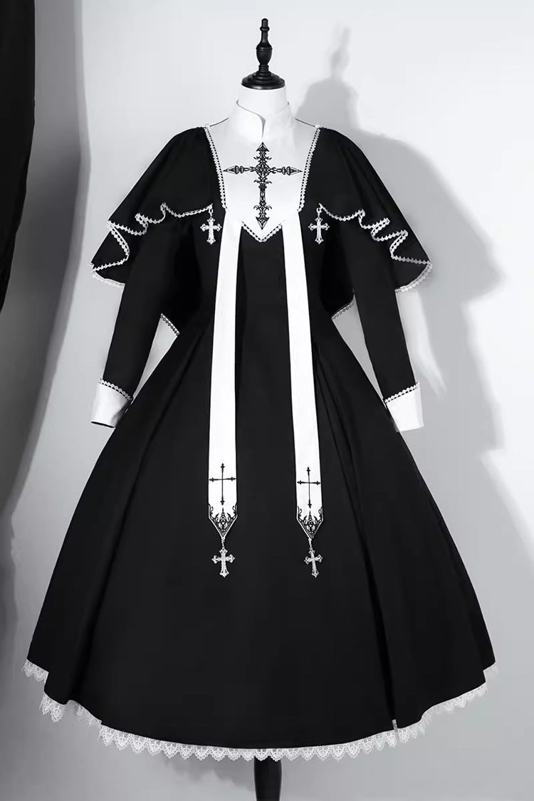Black Stitching Lace Long Sleeve Gothic Elegant Lolita Dress - Nun