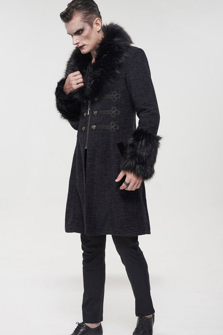 Gothic Men's Coat with Removable Fur Collar, Button Accents