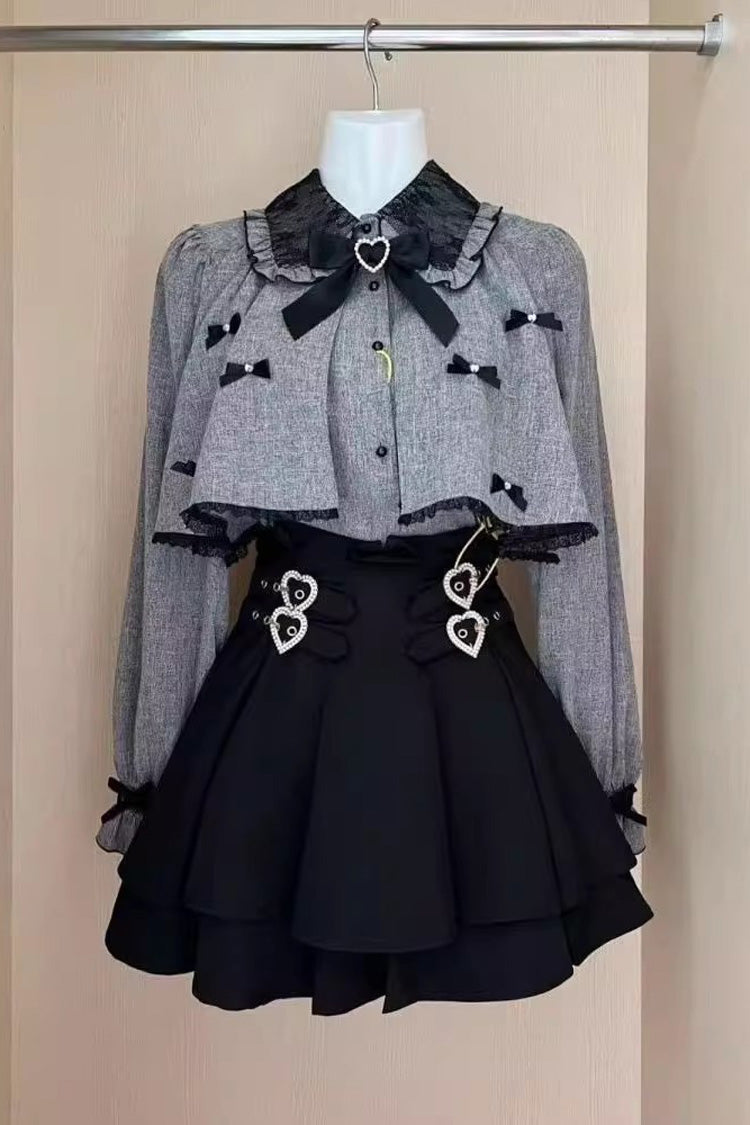 Double Heart Buckle Long Sleeve Ruffled Jirai Kei Set