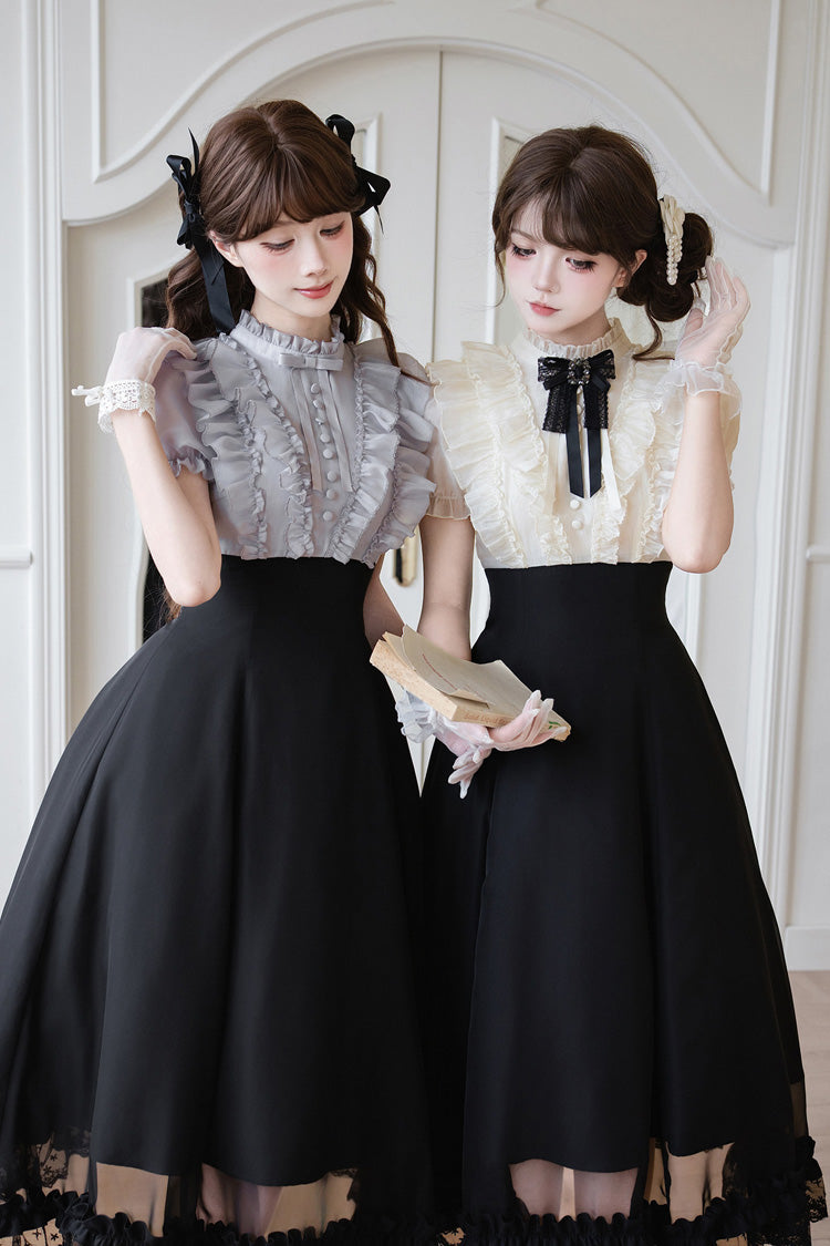 Miss Lola Snow Kiss Stand Collar Short Puff Sleeves Ruffled Color-Blocked Faux Two-Piece Sweet Lolita Long Dress 3 Colors - Black