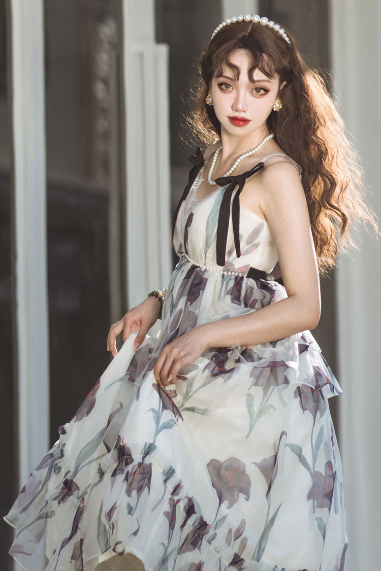 Ivory V-Neck Sleeveless Layered Bow Print Sweet Lolita JSK