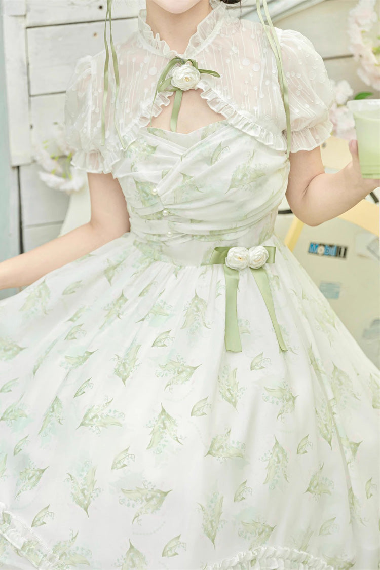 Spring Jacquard Print JSK Dress with Bowknot and Irregular Hem