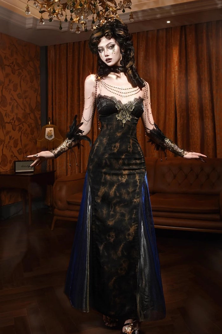 Black Gilded European V-Neck Sleeveless Ruffled Lace Slim Gothic Lolita JSK
