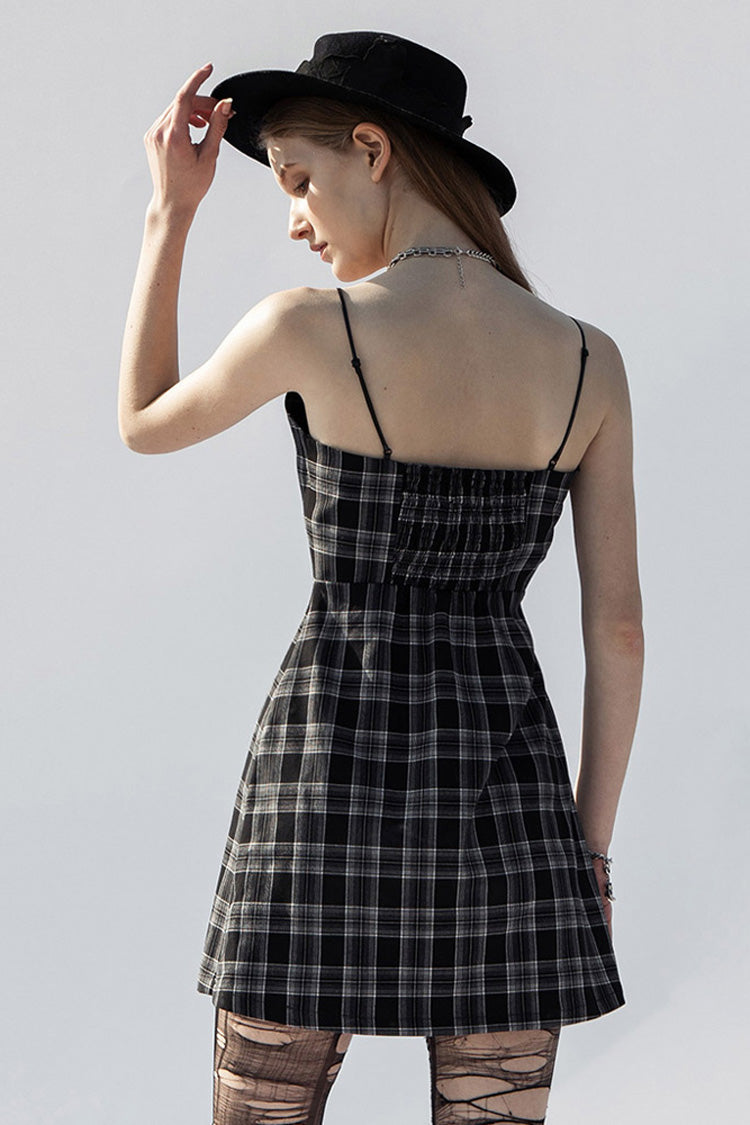 Plaid Skull Studded Belt Punk Suspender Dress - Black/White