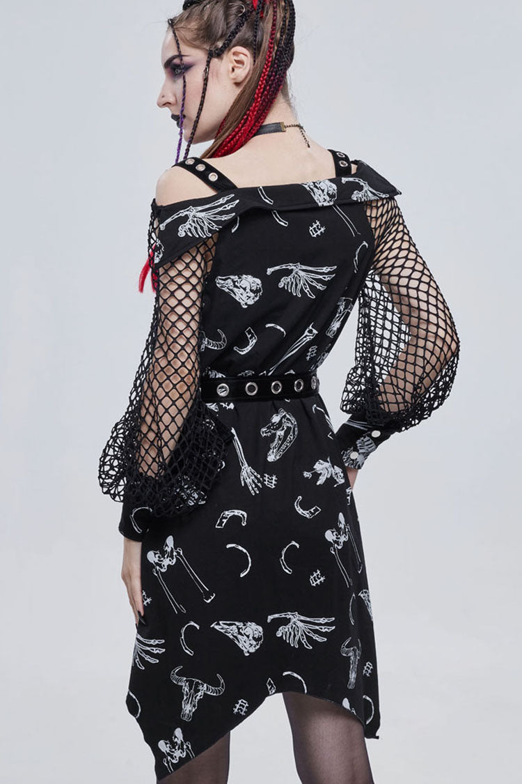 Knit Bone Print Sling Grommet Strap Long Sleeve Gothic Dress