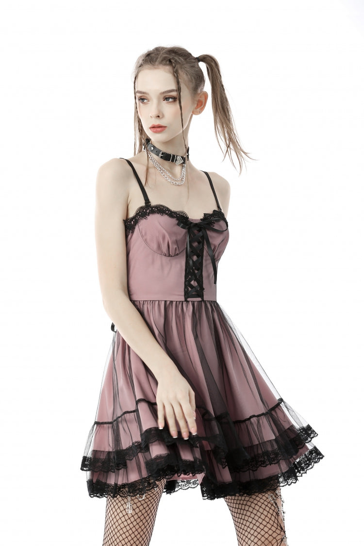 Sleeveless Multi-Layered Lace Lolita Slip Graduation Dress - Pink
