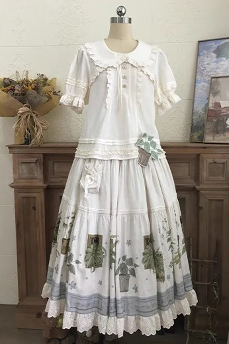 Cream Potted Plant Floral Frilled Sweet Lolita Skirt
