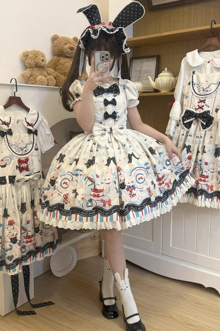 Square Collar Short Sleeve Print Ruffle Sweet Lolita Dress Beige