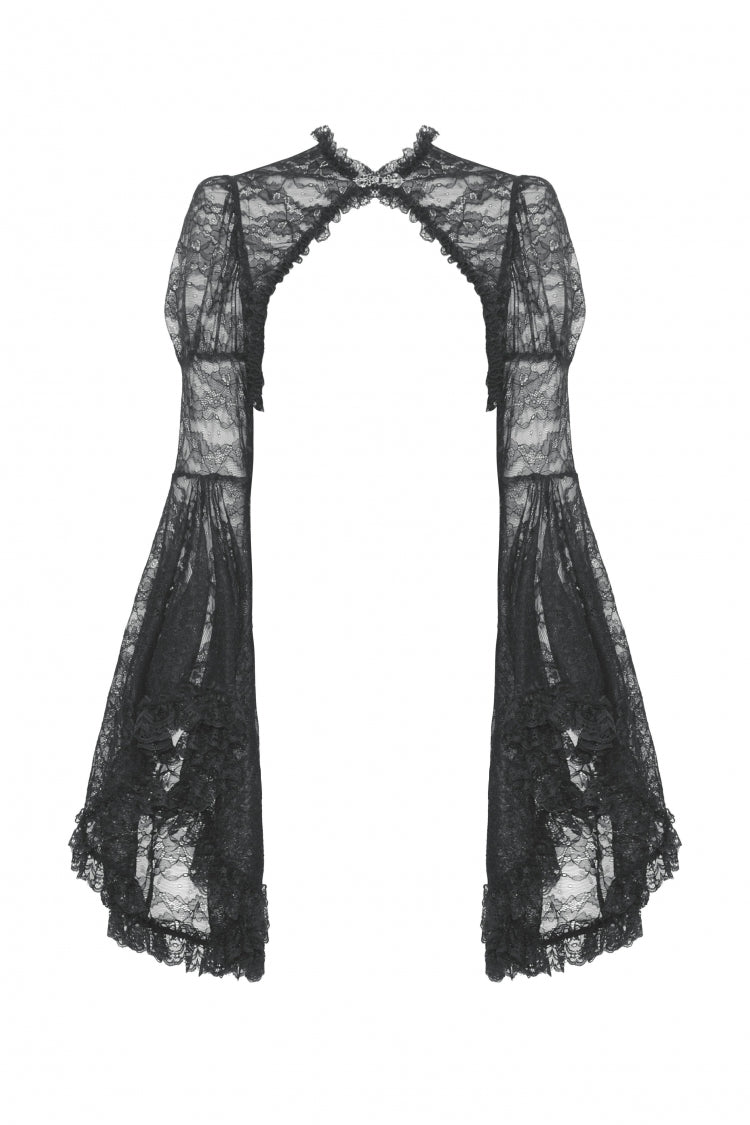 Jet-Black Gothic Cape with Flared Sleeves and Ruffled Lace