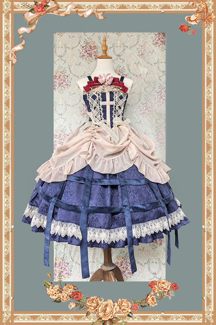 Sleeveless Printed Ruffled Bow Lace-Up Gothic Elegant Jsk Dress - Two Colors