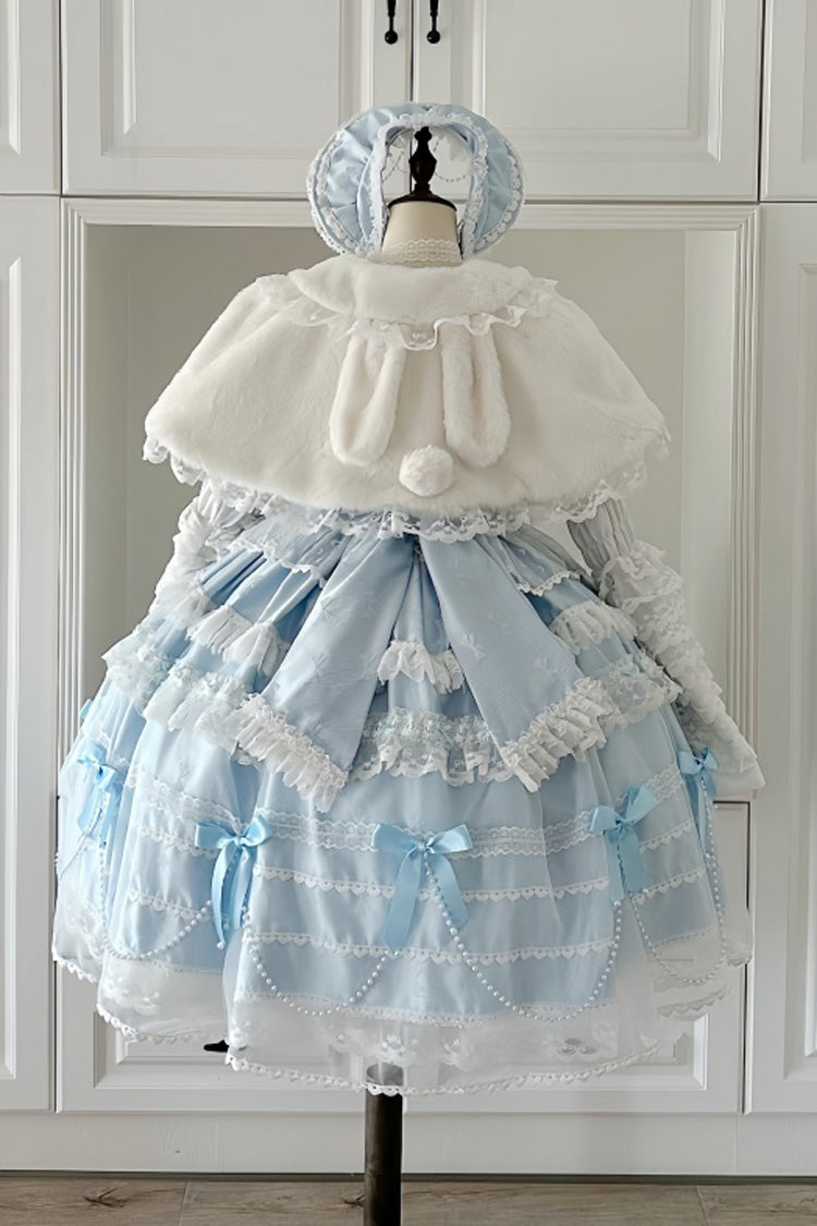 Showa Girl Triple-Layered Ruffle Lolita JSK Long Dress with Pearl Accents