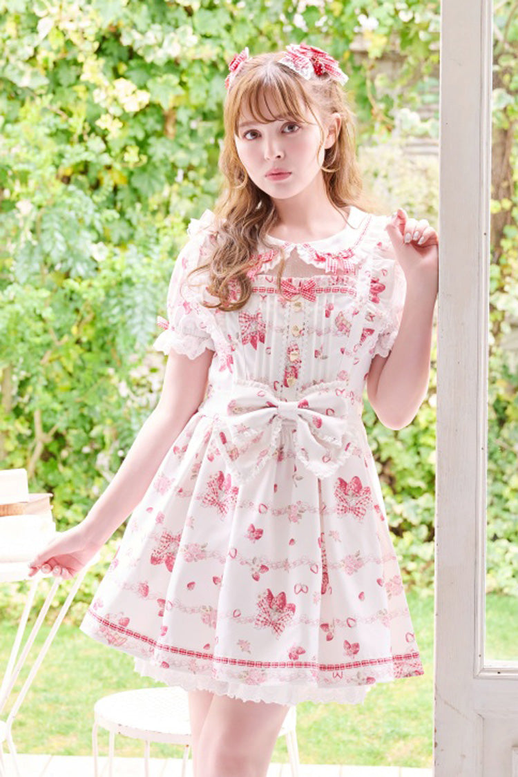Ivory Sweet Dress with Puff Sleeves and Lace-Up Back - Creamy Berry