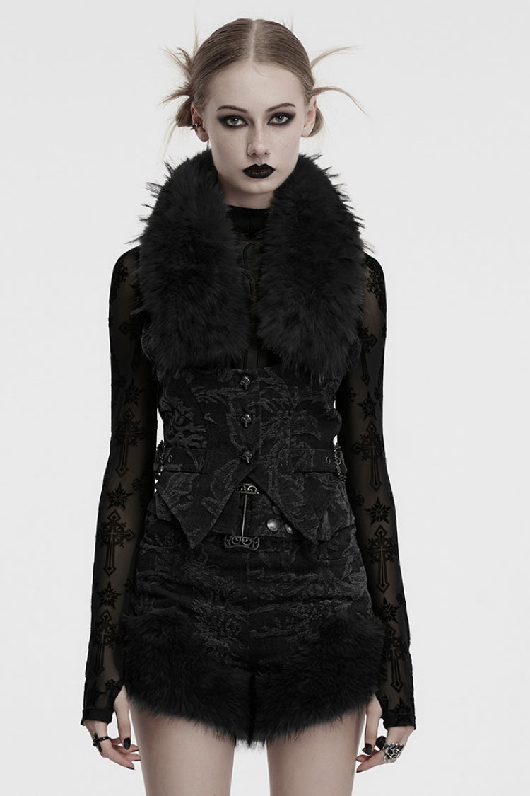 Dark Black Faux Fur Collar Jacquard Sleeveless Halter Gothic Top