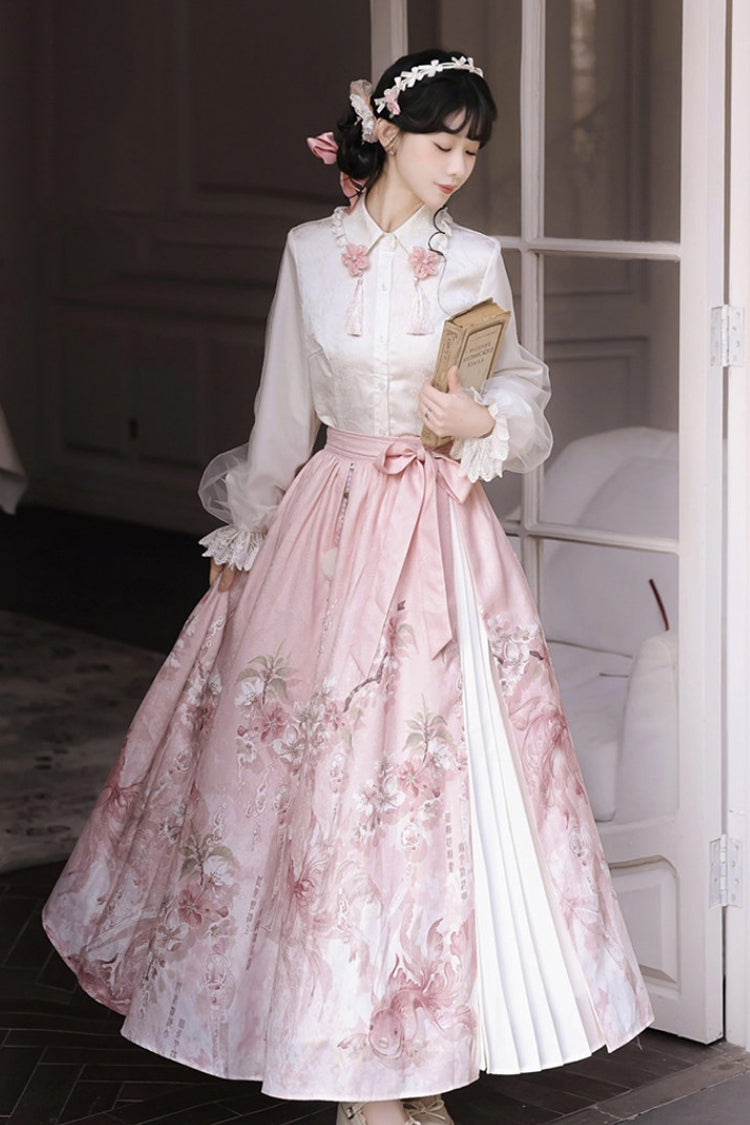 Ivory and Pink Cherry Blossom Rain Lapel Collar Long Sleeve High-Waist Printed Sweet Hanfu Dress Set