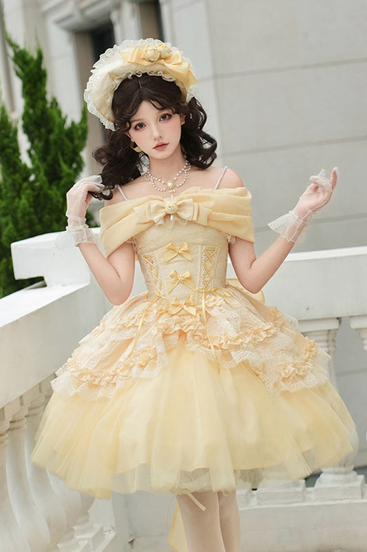 Yellow Off Shoulder Sweet Skirt with Lace and Bow - Sissi's Pilgrimage