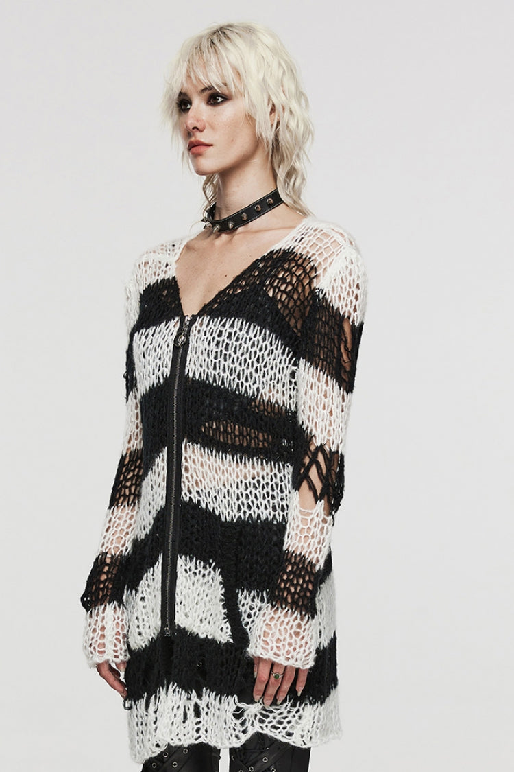 Irregular Ripped Striped Sweater with Zipper Accents