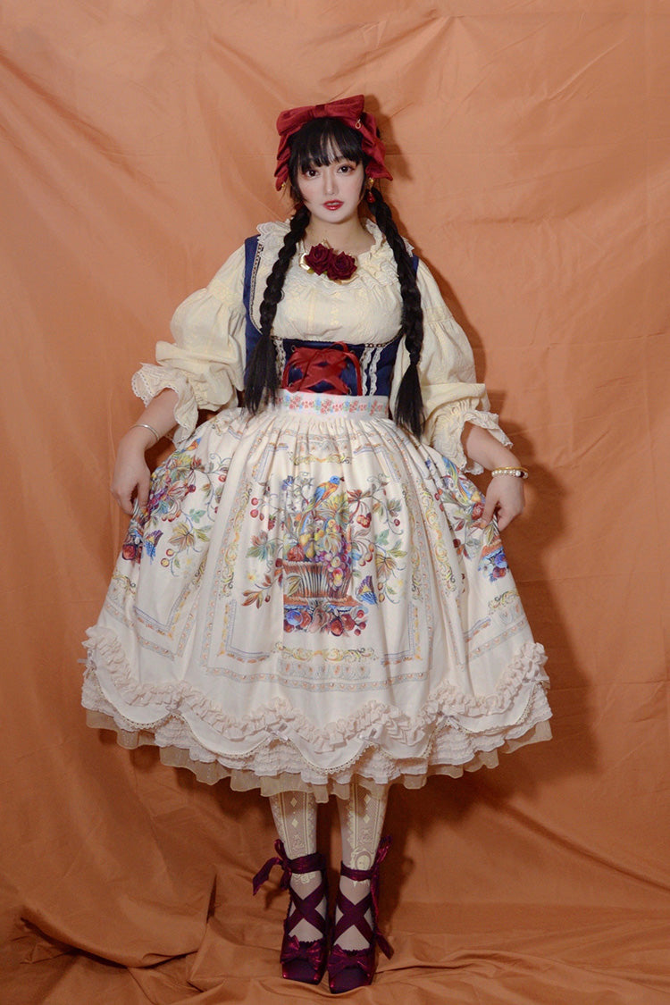 Cream Ode to Plenty Berry Bird Print Velvet Bow Frilled Classic Lolita Corset JSK Dress