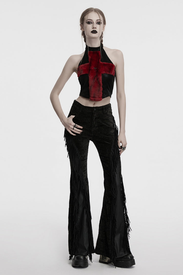 Crimson & Noir Halter Sleeveless Faux Fur Trim Punk Corset Vest