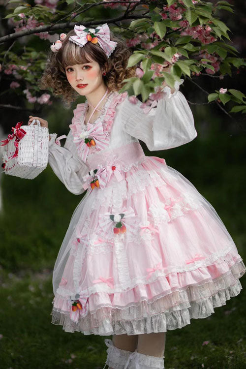 Rose Strawberry Bow Accent Rounded Collar Long Sleeve Multi-Layer Ruffled Sweet Lolita One-Piece