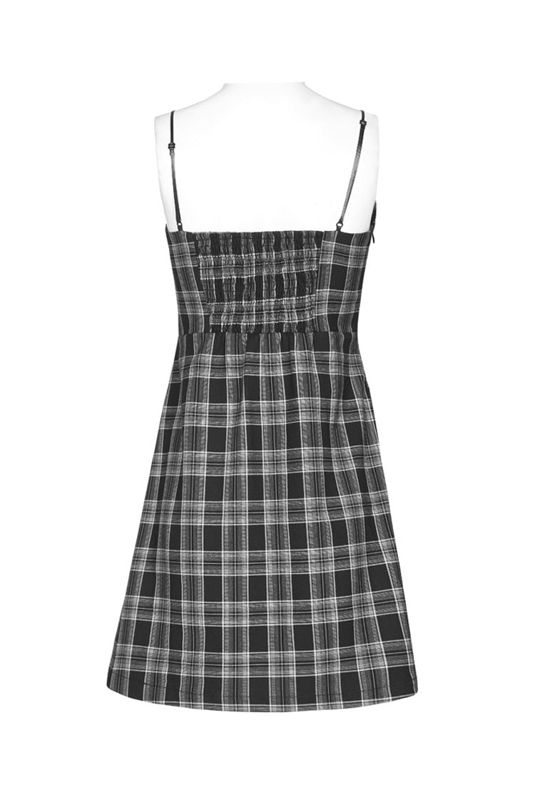 Plaid Skull Studded Belt Punk Suspender Dress - Black/White