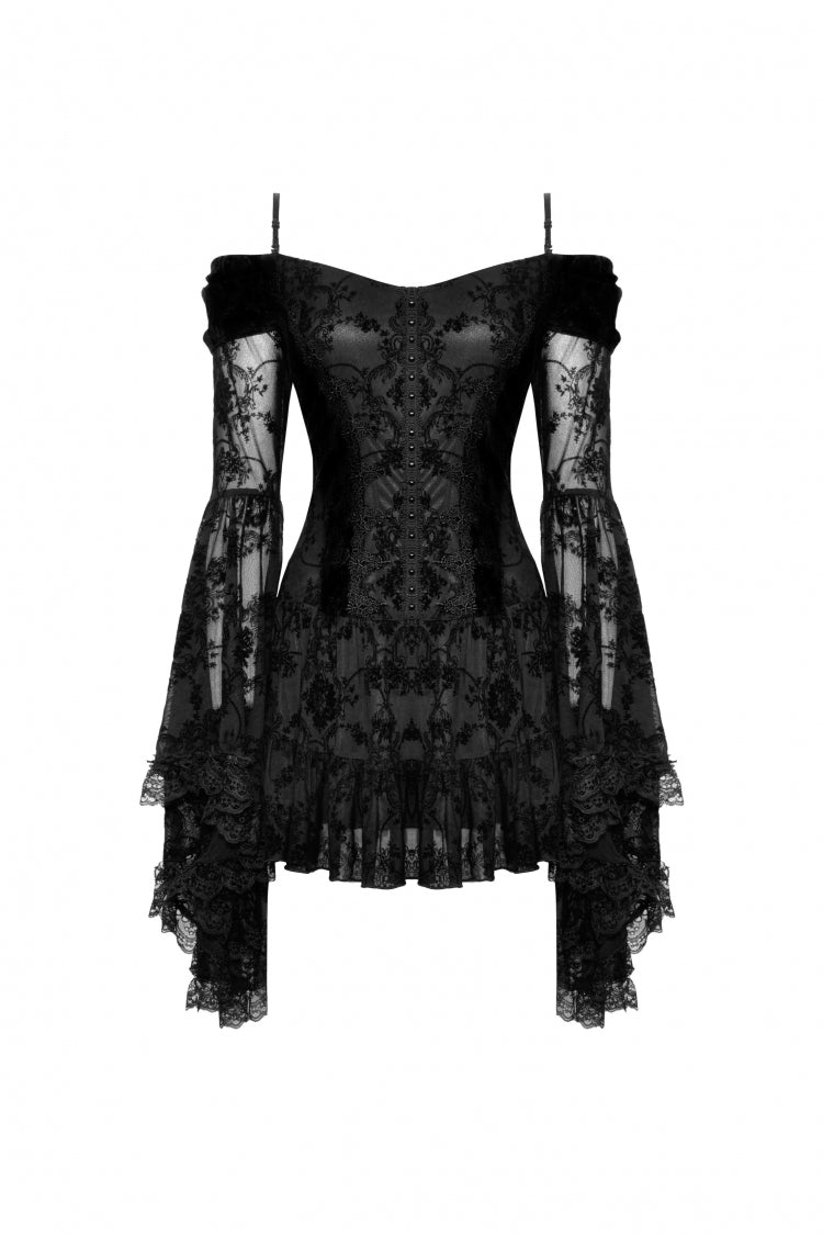 Off Shoulder Long Trumpet Sleeves Velvet Spliced Mesh Gothic Graduation Dress