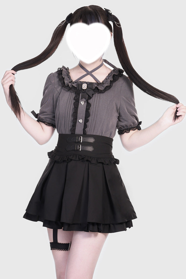Black Leather Buckle Leg Ring Double-Layered Frilly Sweet Jirai Skirt
