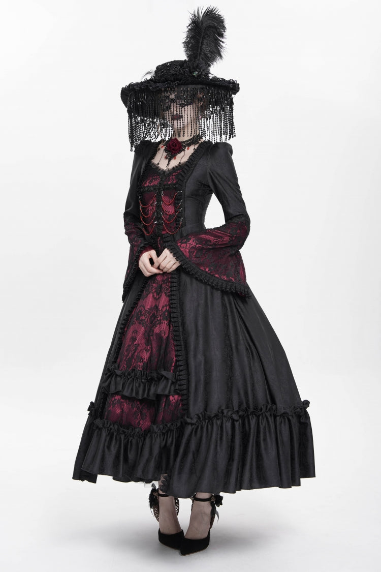 Scarlet Embroidered Lace-Up Pleated Gothic Dress