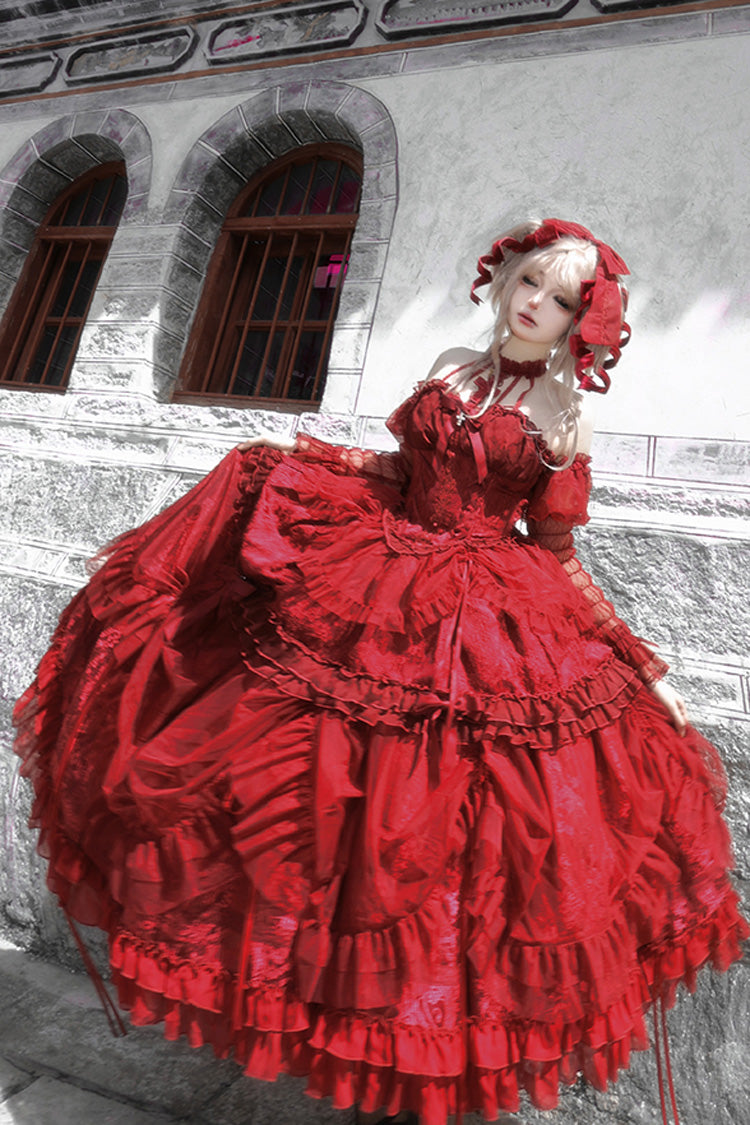 Wine Red Cross Halterneck Lace-Up Gothic Lolita Dress - Princess Ruffled