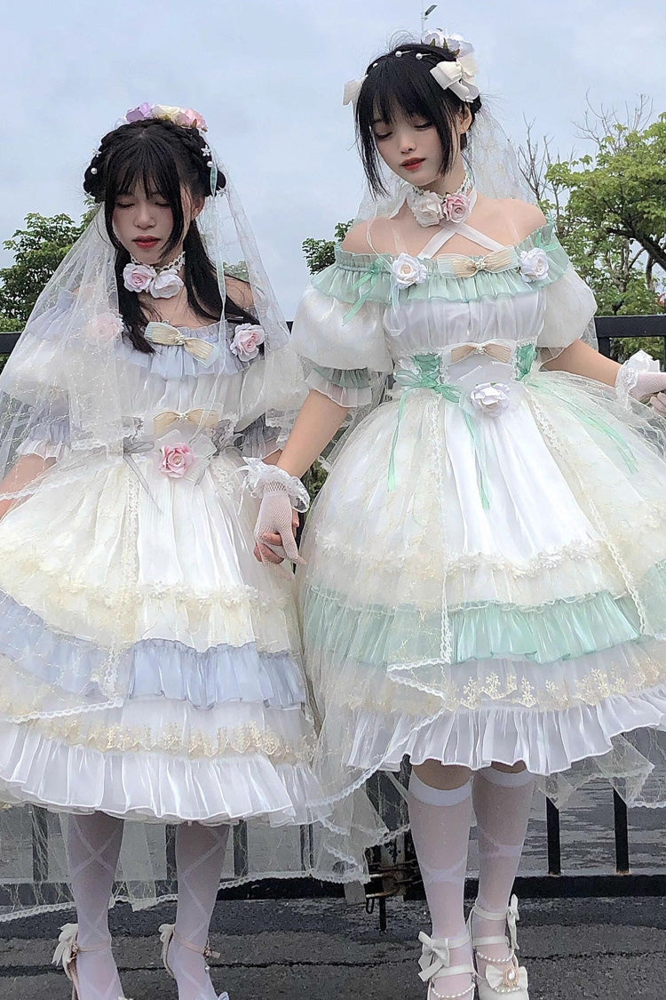 Long Sleeve Multi-Layer Ruffle Bow Lace Lace-Up Sweet Princess Lolita Dress - Grey Blue