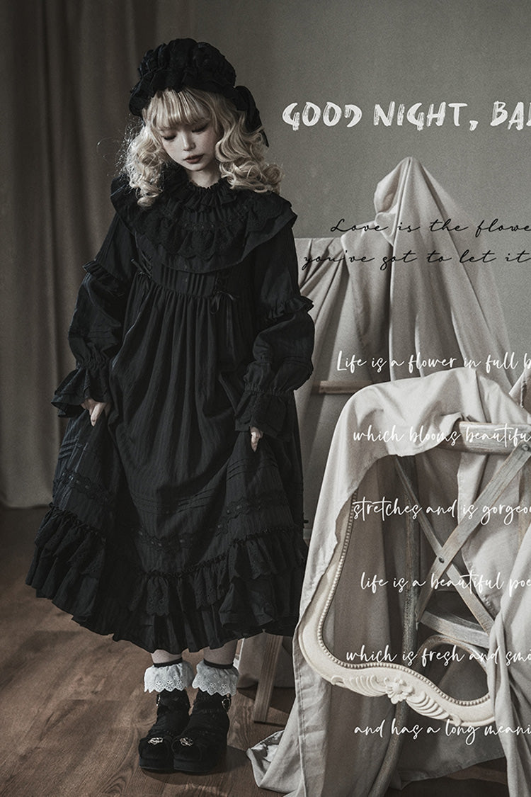 Good Night Black Long Sleeves Double-Layered Ruffle Bowknot Lace-Up Gothic Dress