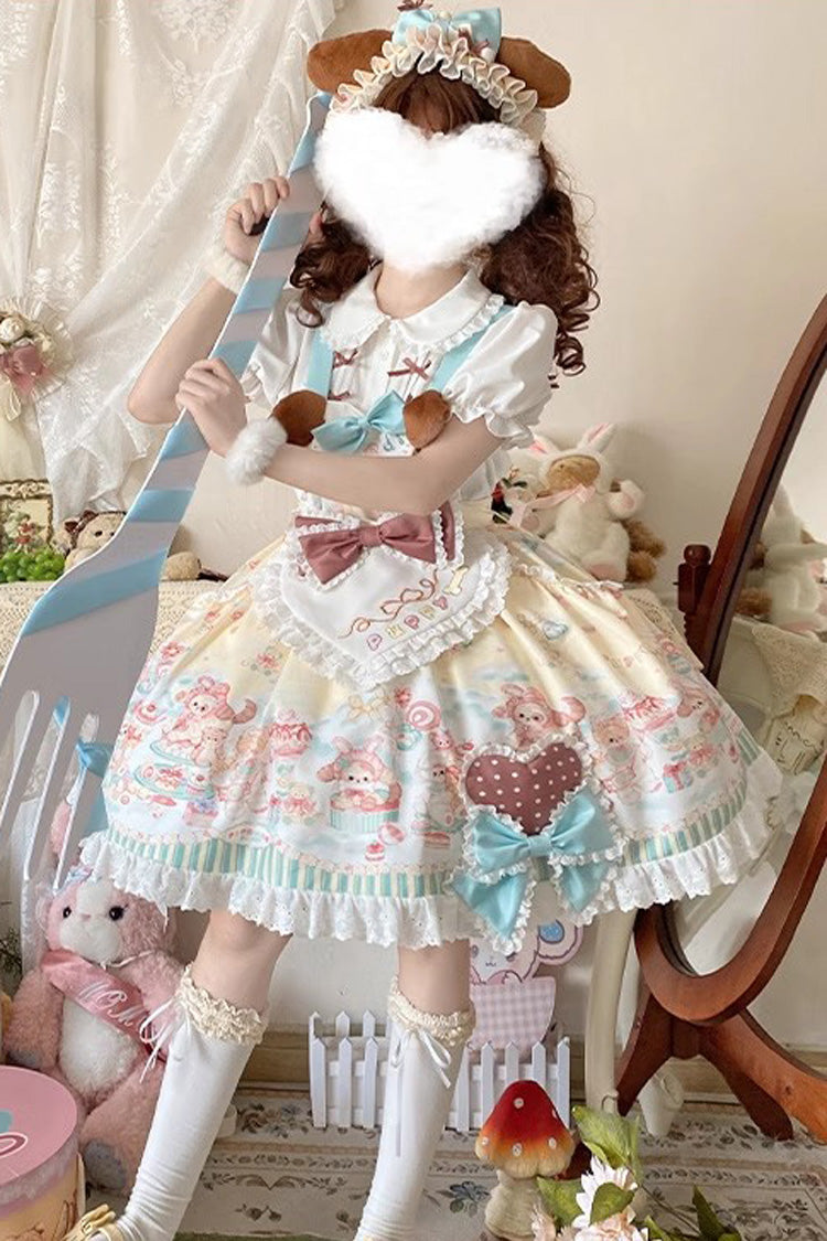 Multi Print Ruffle Bow Vintage Lolita Strap Dress