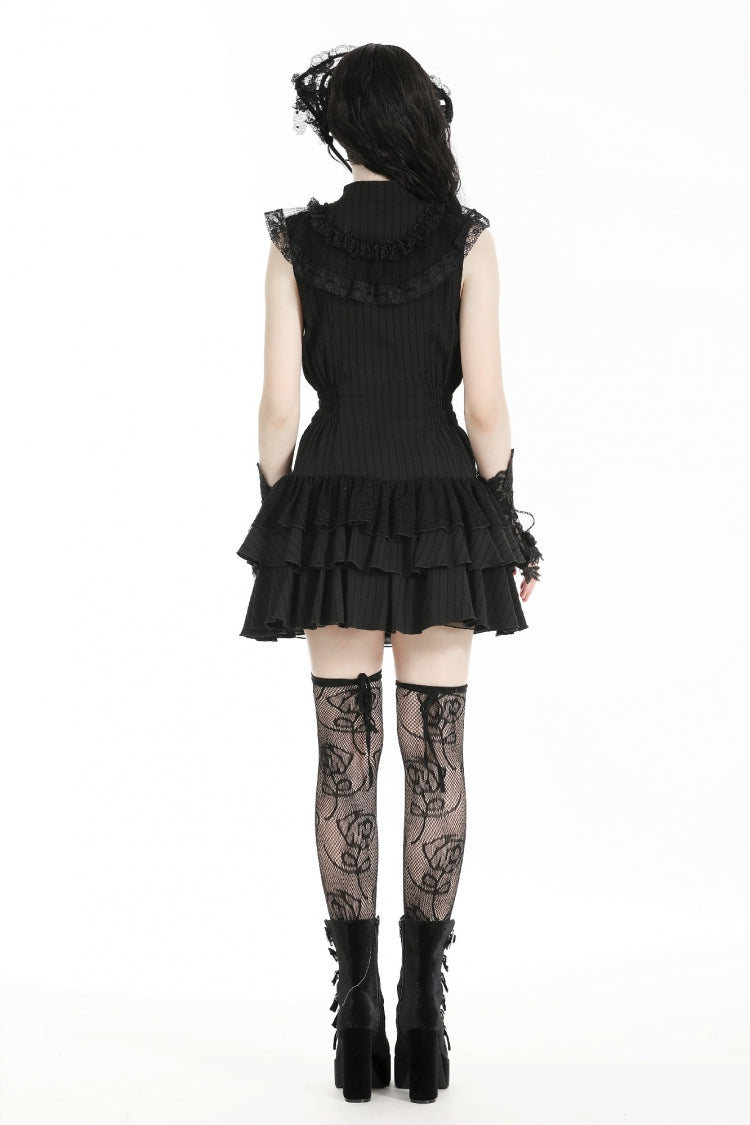 Gothic Sleeveless Black Lace Bow-Accented High-Neck Triple-Tiered Hem Long Dress