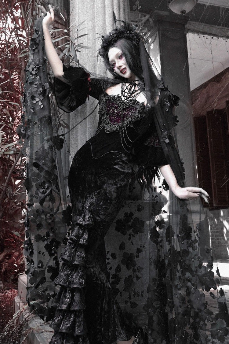 Square-Collar Embroidered Mermaid Gothic Dress in Black