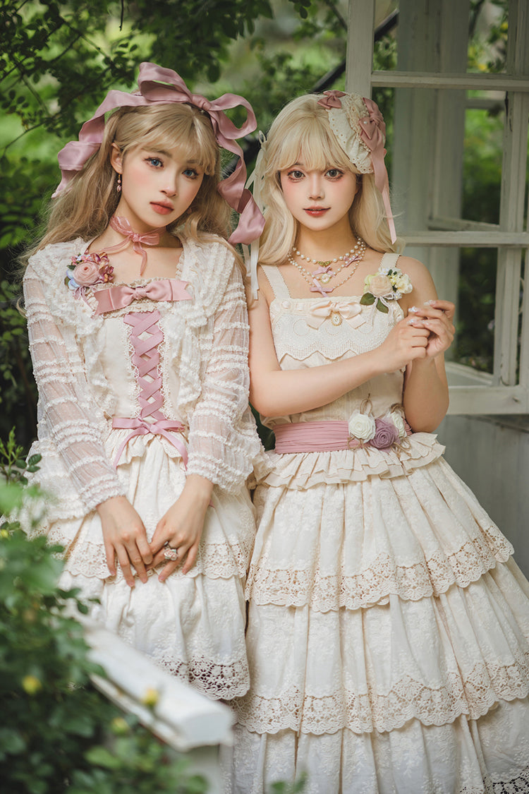 Cream Forest Waltz Embroidery Bow Lace-Up Slim Elegant Sweet Lolita Suspender Top