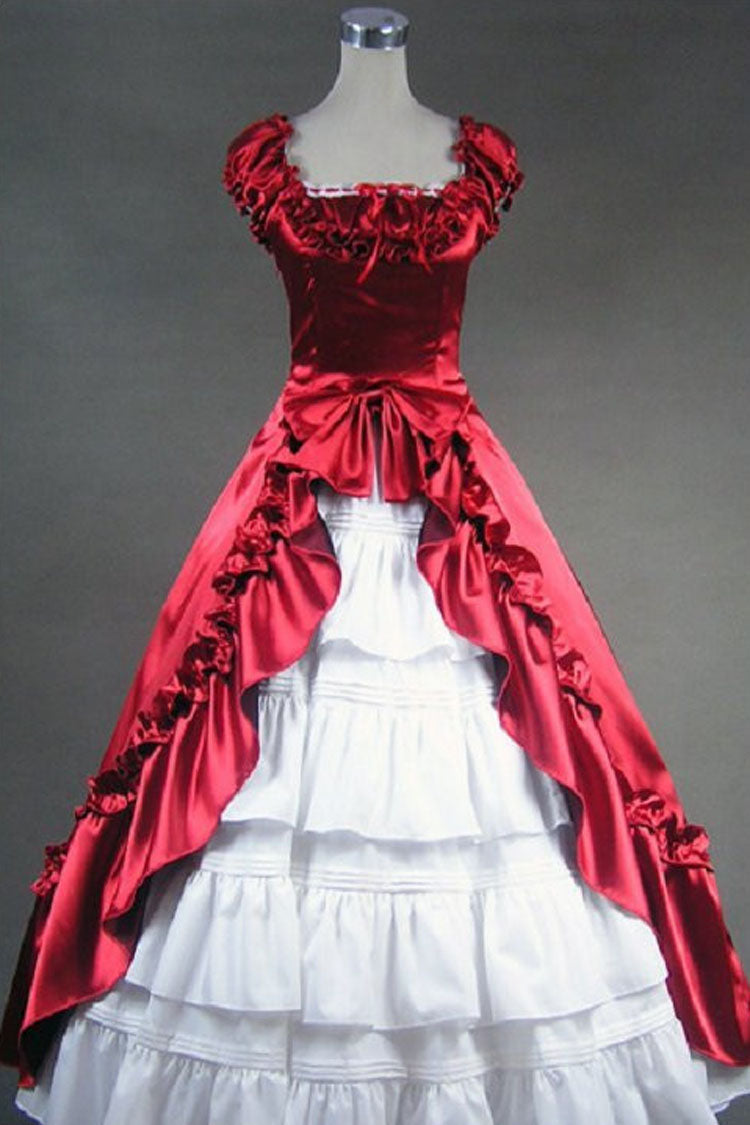 Red/White Victorian Dress with Pleated Cardigan