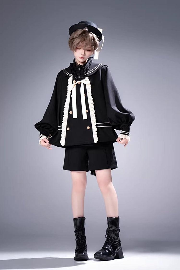 Navy-Collar Long-Sleeve Prince Ouji Short Coat Set in Black