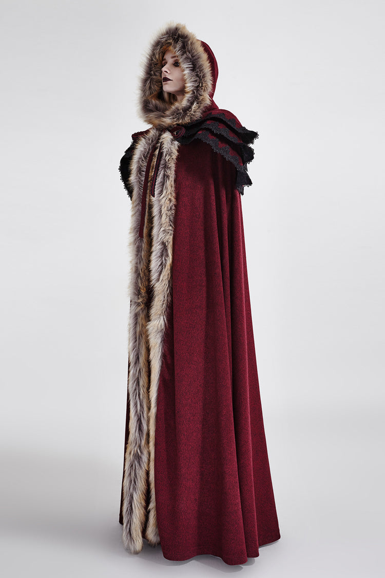Crimson Hooded Fur-Collar Wool Gothic Cloak Coat