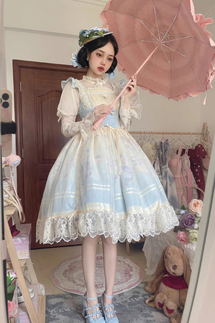 Ballet Rabbit Print JSK Dress with Doll Design, Sweet Lolita