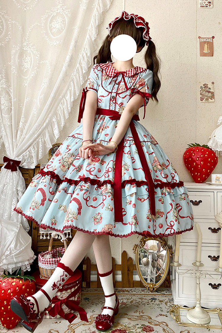 Bear Strawberry Garden Collar Short Sleeve Print Bow Sweet Lolita Dress