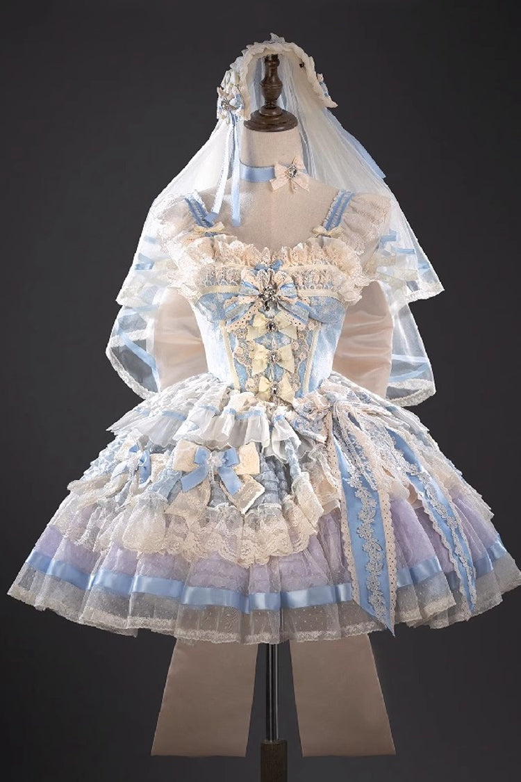 Moonstone Sleeveless Ruffle Embroidery Bow Lace Fishbone Princess Dress in Blue