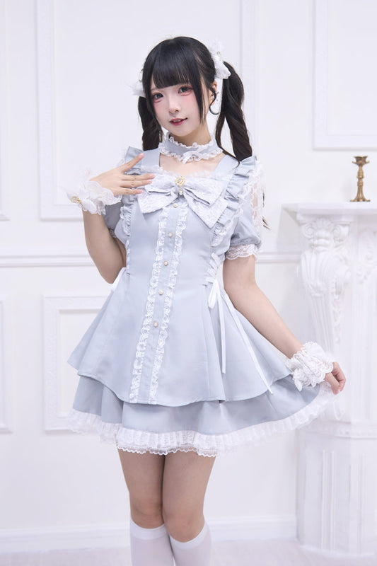 Waltz Bow Gothic Short-Sleeve Jirai Kei Dress Set - Light Blue