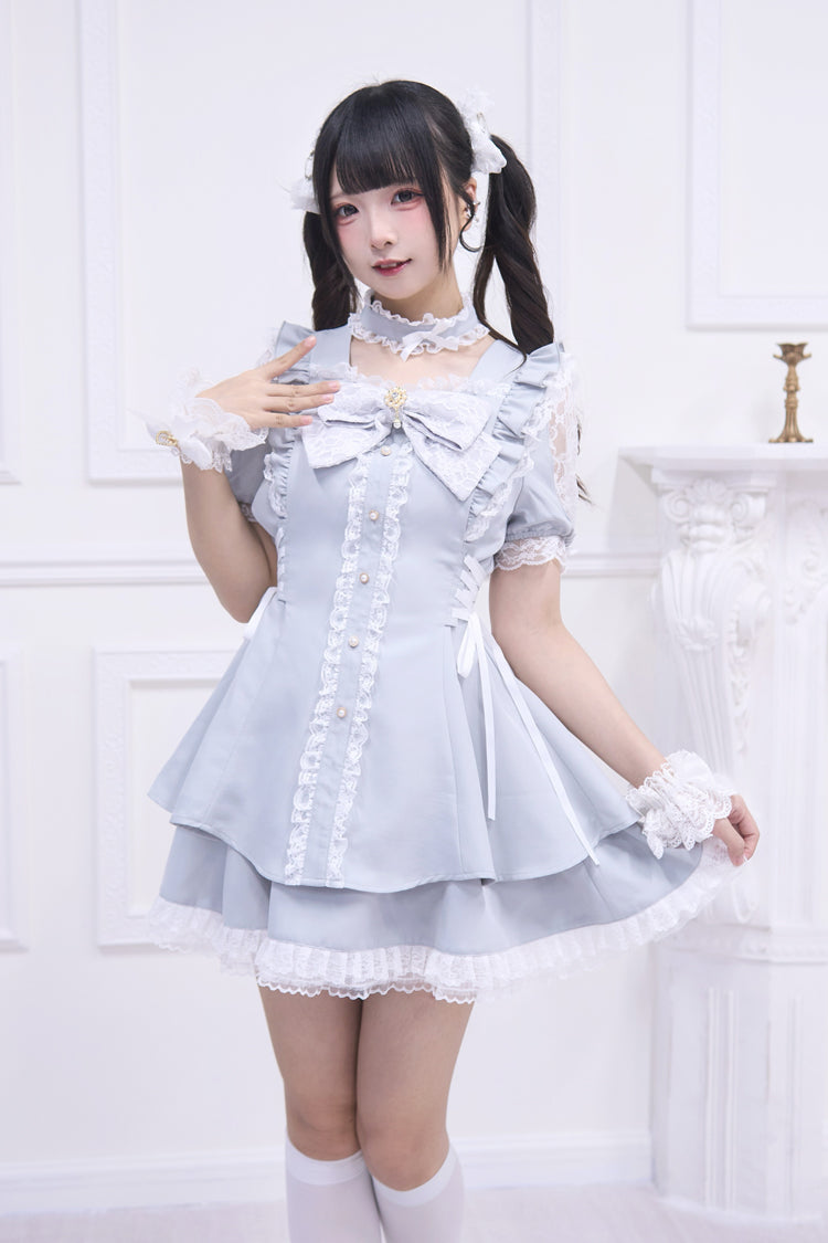 Light Blue Waltz Short Sleeve Ruffle Bow Gothic Jirai Kei Dress Set
